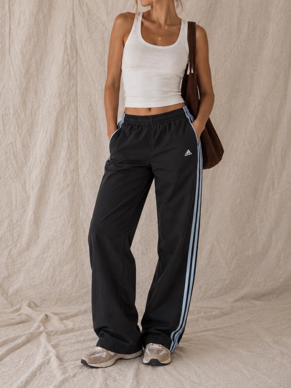 2007 Adidas Track Pants Black Light Blue Stripes Size M Y2K
